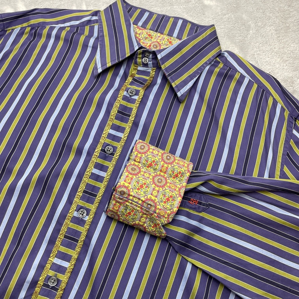 Robert Graham Mens Shirt Size‎ 2XL Purple Green Stripe Long Sleeve Flip Cuff